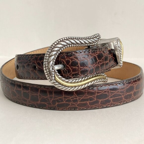 Vintage Brighton Womens Brown Leather Belt Imitation Alligator Size 28 Small - Picture 2 of 16